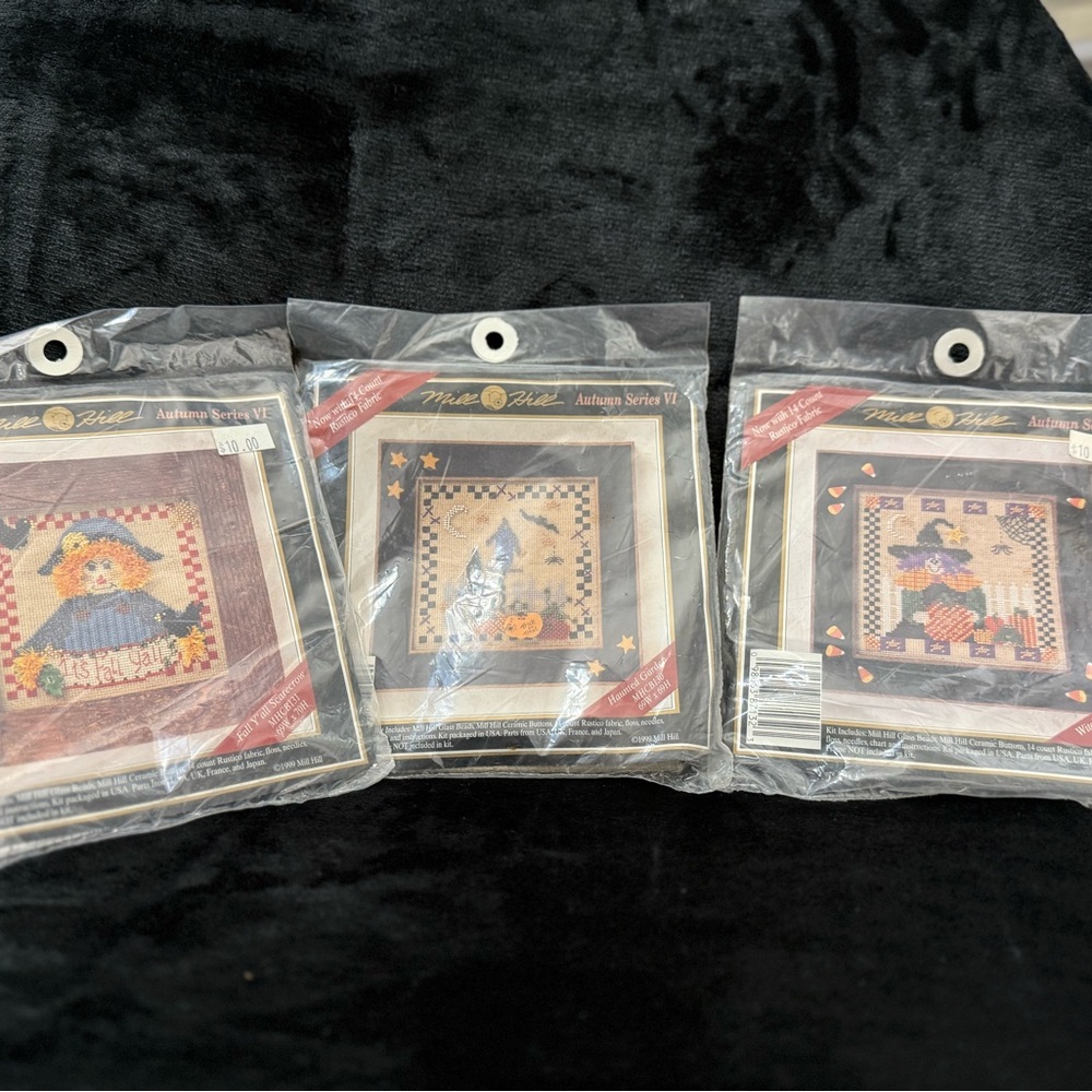 Vintage Mill Hill Needlepoint Kits with Scarecrow, Haunted House & Witch Designs